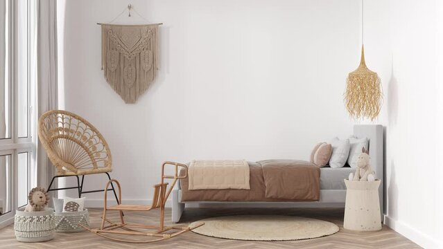 Kids room interior in boho style. Modern childrens room interior design, planning. Bed, rattan chair, toys. Cozy room for kids. Interior designer. 3D rendering.