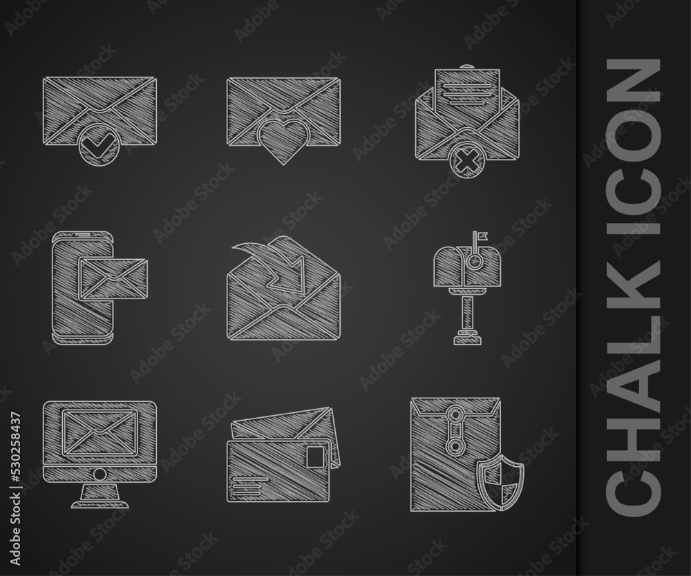 Aufkleber set envelope, with shield, mail box, monitor and envelope, mobile, delete and check mark icon. vecto