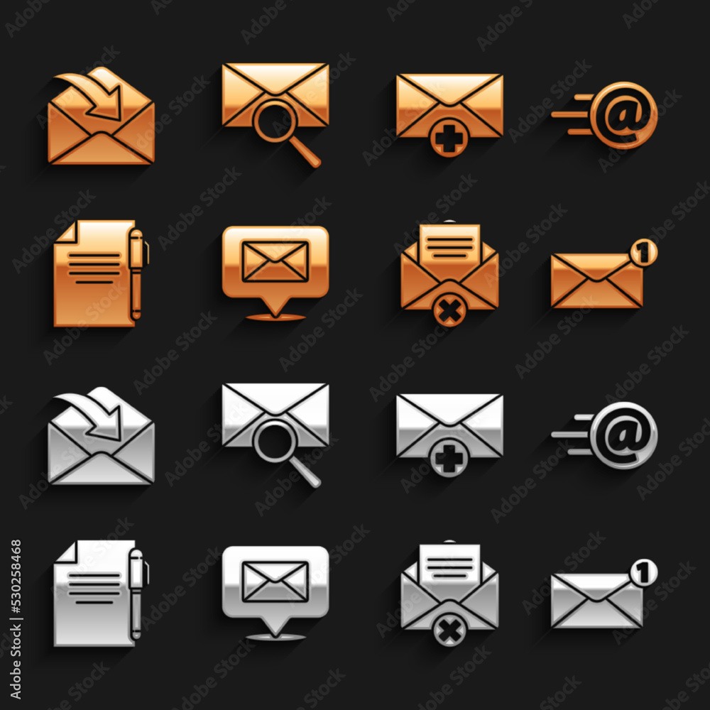 Poster set speech bubble with envelope, mail and e-mail, envelope, delete, document pen, received message c