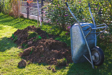 Schubkarre mit Erdhaufen- Aushub auf einem Gartenrasen- Gartengestaltung, Umgestaltung