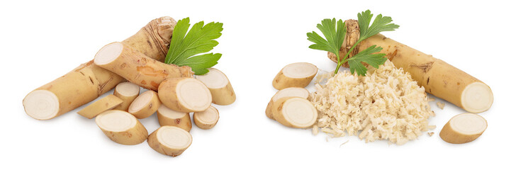 Horseradish root with slices and parsley isolated on white background