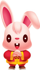 Happy Chinese New Year 2023. Cartoon cute rabbit wearing traditional chinese costume with greeting hand gesture. Year of the rabbit. Vector bunny character