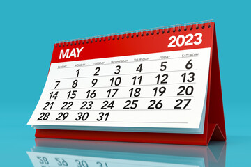 May 2023 Calendar. Isolated on Blue Background. 3D Illustration - obrazy, fototapety, plakaty