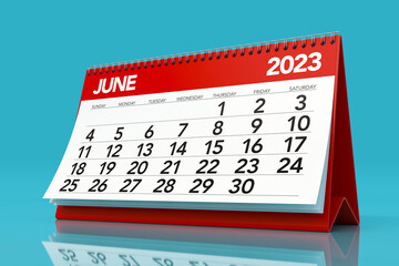 June 2023 Calendar. Isolated on Blue Background. 3D Illustration - obrazy, fototapety, plakaty