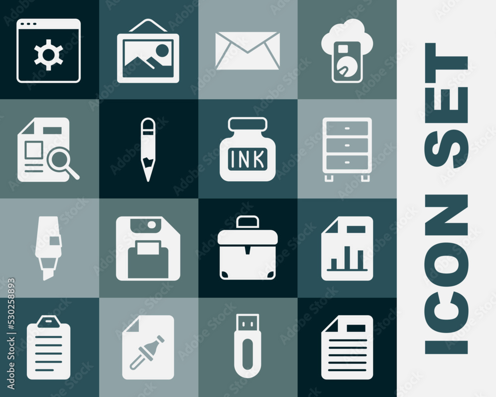 Poster set file document, document with graph chart, archive papers drawer, mail and e-mail, pencil, browse