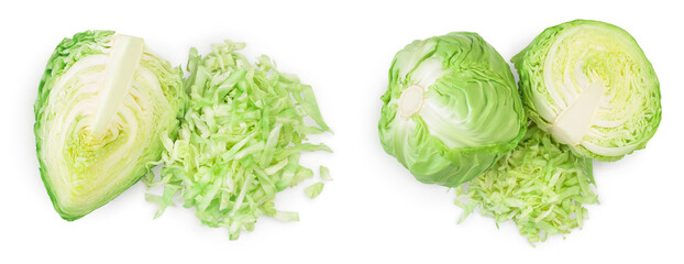 Green cabbage isolated on white background with full depth of field. Top view. Flat lay,