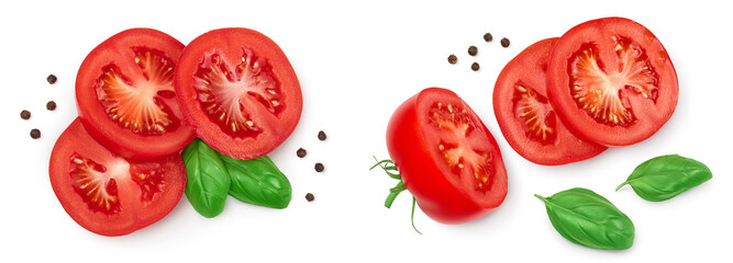 Tomato slices with basil and peppercorns isolated on white background. Top view. Flat lay