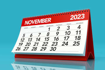 November 2023 Calendar. Isolated on Blue Background. 3D Illustration - obrazy, fototapety, plakaty