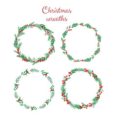 Christmas vector illustration of floral wreath set isolated on white background. Circle frame of season greeting card