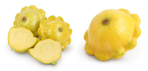 yellow pattypan squash isolated on white background with full depth of field