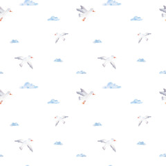 Watercolor seamless pattern of seagull and clouds. Print for baby fabric.