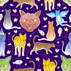 Hand drawn seamless pattern of cat elements in childish style on blue background.