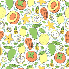Obraz premium Orange fruit like citrus, lemon, apricot, persimmon, nectar, mango, peach, pineapple, papaya, star fruit Seamless pattern.