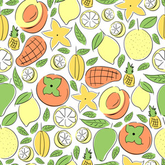 Orange fruits like citrus, lemon, apricot, persimmon, nectar, mango, peach, pineapple, papaya, star fruit Seamless pattern.
