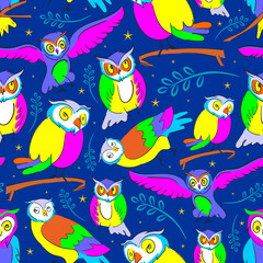 Cute owl Seamless pattern isolated on blue background.