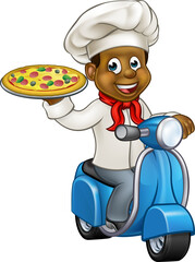 Cartoon Pizza Chef on Delivery Moped Scooter
