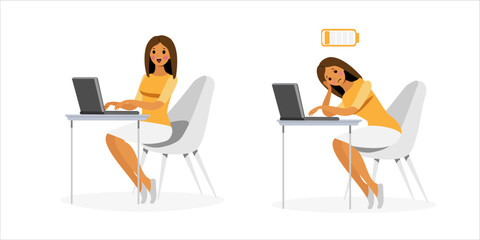 working on laptop woman with energy and without on the white background