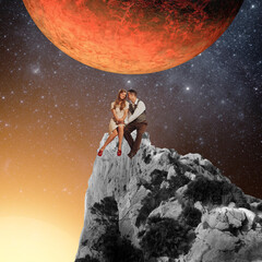 Contemporary art collage. Young loving couple sitting on mountain cliff on a date over starry space background with mars planet