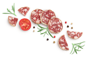 Cured salami sausage slices isolated on white background. Italian cuisine with full depth of field. Top view. Flat lay.