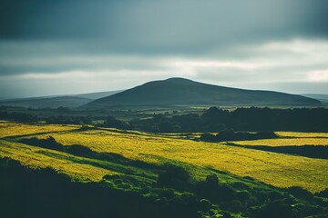 Endless fields of emerald grass on a hills. Harsh and beautiful Irish landscape. Natural wallpaper. Impressive scene