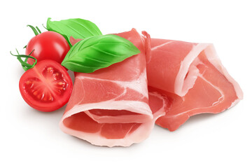 Italian prosciutto crudo or spanish jamon. Raw ham isolated on white background with full depth of field.