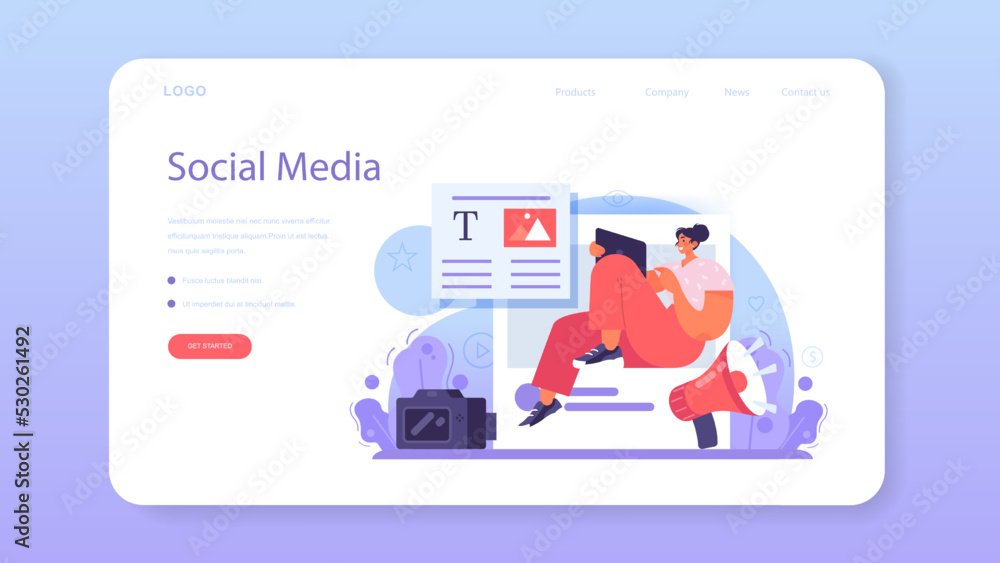 Wall mural blogger web banner or landing page. character sharing media content