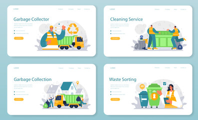 Grabage collector web banner or landing page set. Cleaning worker emtying