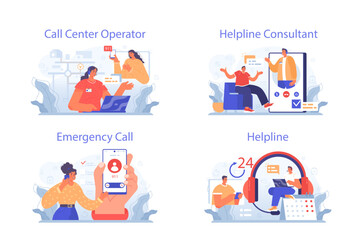 Call center or helpline set. Support operator wearing headsets, talking
