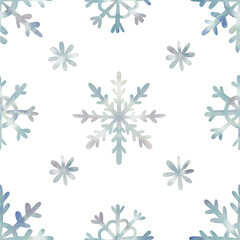 Christmas seamless pattern with snowflakes. Watercolor background with cute holiday snow