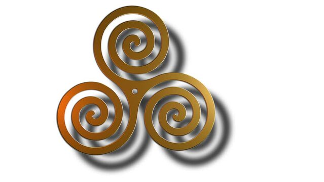 An animated video of a golden metallic Celtic spiral with a shadow spinning across the screen from left to right, against a white background.