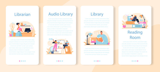 Fototapeta premium Librarian mobile application banner set. Library staff cataloging