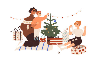 Family decorating Christmas tree for winter holiday. Happy mother and kids preparing for Xmas with fir baubles, ornaments, home decorations. Flat vector illustration isolated on white background