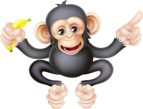 Cartoon Chimp with Banana Pointing
