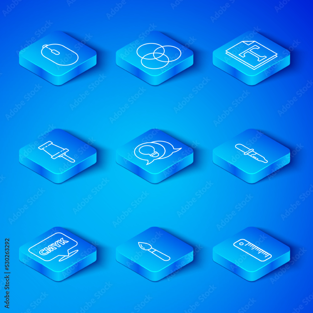 Aufkleber set line speech bubble with text cmyk, light bulb concept of idea, paint brush, pipette, text file d
