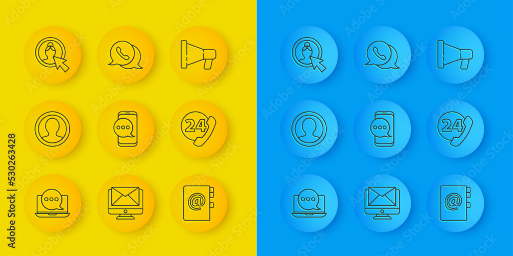 Poster set line chat messages notification on laptop, create account screen, phone, address book, telephone