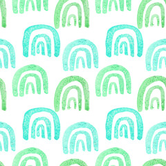 Multicolored watercolor rainbows seamless pattern. Textured hand drawn elements in a children's Scandinavian style. Endless background for fabric and wallpaper.