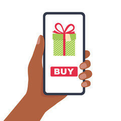Hand holding phone. Smartphone screen with page buy gift, vector illustration