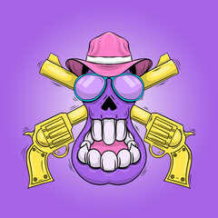 Cartoon skull vector with cowboy head, glass, and gun