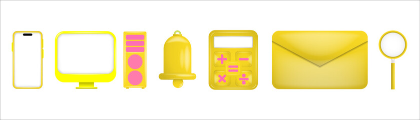 3d icon vector set as bell, dekstop, smartphone, mail, calculator, and magnifying glass