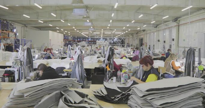 Many seamstresses work in a garment factory. Working process at a garment factory. Large sewing workshop. Seamstresses make products in a factory. Garment factory