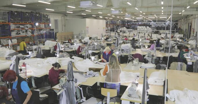 Seamstresses make clothes in a factory. Clothes production workshop. Large sewing workshop. Garment factory.