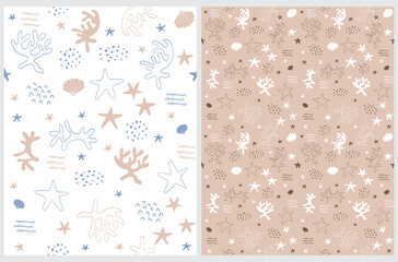 Seamless Vector Patterns with Coral, Starfish, Shell, Waves and Spots on a White and Light Brown Background. Sea Life Print with Hand Darwn Brown, Blue and White Corals, Stars and Shells.Marine Party.