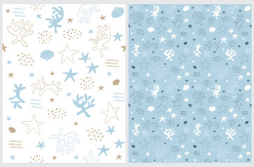 Seamless Vector Patterns with Coral, Starfish, Shell, Waves and Spots on a White and Light Blue Background. Sea Life Print with Hand Darwn Gold, Blue and White Corals, Stars and Shells. Marine Party.