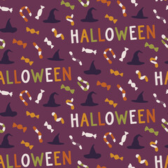 Spooky scary Halloween seamless pattern on purple violet background. Digital vector repeat pattern.