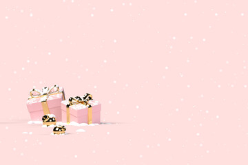 Luxury pink background with presents embeded in the snow for Christmas and New Year. 3D rendering.