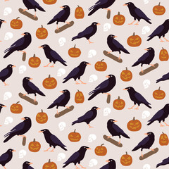 Spooky scary Halloween raven skull crow seamless pattern on bright background. Digital vector repeat pattern.