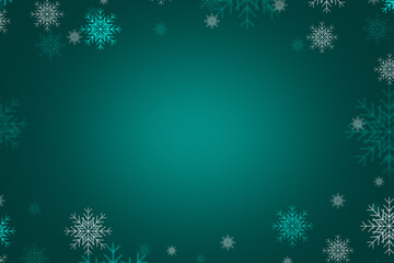 Christmas illustration with white and blue snowflakes on a dark green background. Background for postcard or banner with space for copy. Christmas, holiday, congratulations. High quality illustration