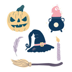 Set of Halloween elements:  pumpkin,  pot with  potion,  hat and  witch's broom,  candle,  feather.Perfect for scrapbooking, greeting card, party invitation, poster, tag, sticker.