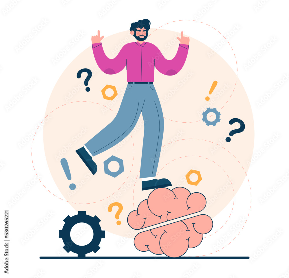 Poster thinking process. character full of thoughts searching for an answer