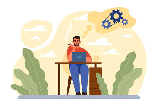 Thinking process. Character full of thoughts searching for an answer